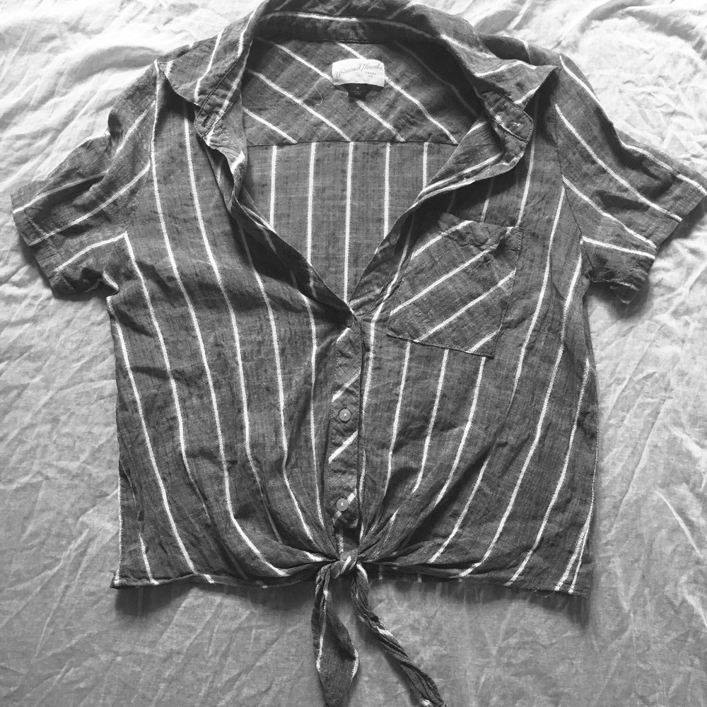 Button down tie-front striped top